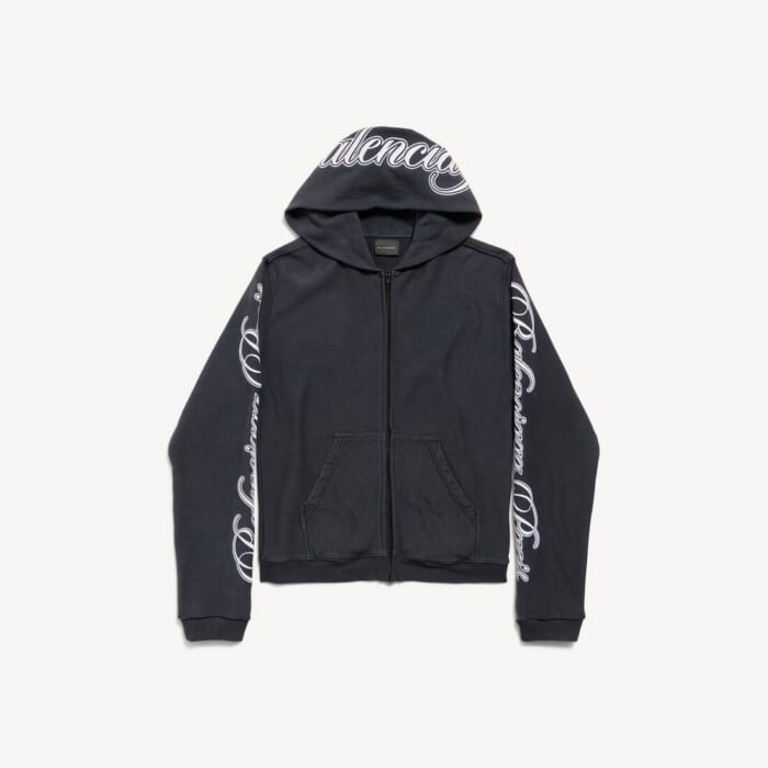 ウォッシュド ブラック/ホワイト の ウィメンズ Cursive ジップアップ Hoodie レギュラーフィット