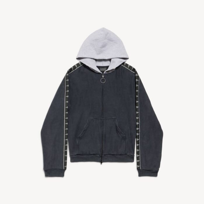 フェードブラック/グレー の メンズ Stripe Patched フード ジップアップ Hoodie