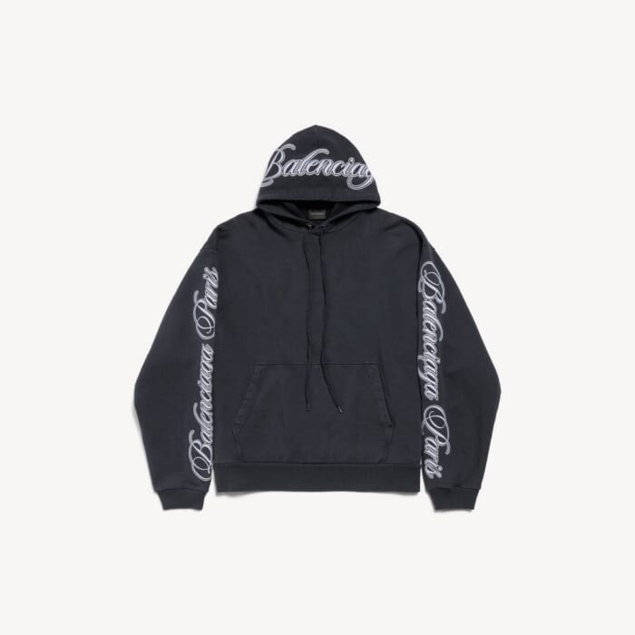 ウォッシュド ブラック/ホワイト の メンズ Cursive オーバーサイズ Hoodie