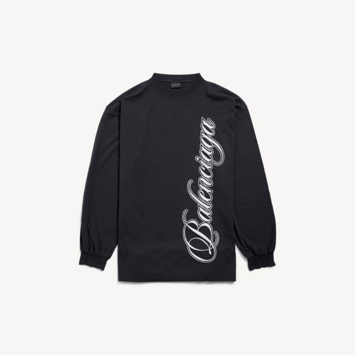 ウォッシュド ブラック/ホワイト の メンズ Cursive ロングスリーブ Tシャツ ラージフィット